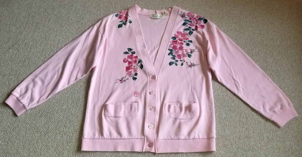 VINTAGE Womens Sweater-THE EAGLE'S EYE-pink floral hand-painted cotton jersey-M